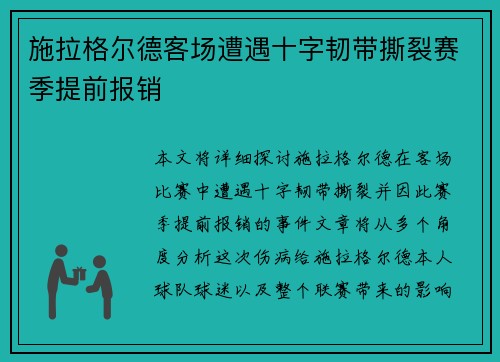 施拉格尔德客场遭遇十字韧带撕裂赛季提前报销