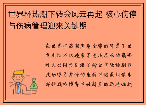 世界杯热潮下转会风云再起 核心伤停与伤病管理迎来关键期