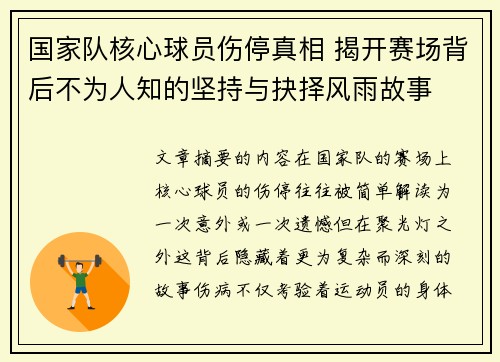 国家队核心球员伤停真相 揭开赛场背后不为人知的坚持与抉择风雨故事